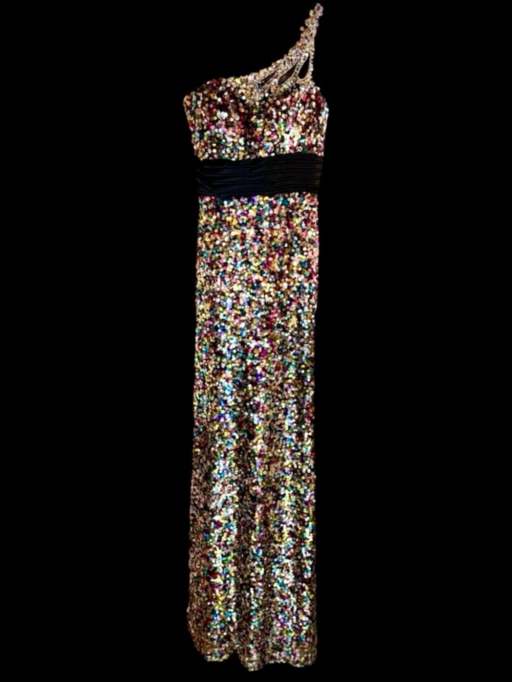 Multicolor Sequin Satin One-Shoulder Full Length Gown New